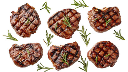 Obraz premium Grilled beef steaks in various kinds, collection transparent background or PNG file.