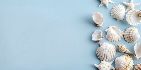 Aerial View of Beach-Themed Arrangement on Pale Blue Background with Copy Space. Concept Beach-Themed Decor, Aerial Photography, Pale Blue Background, Copy Space, Creative Arrangement