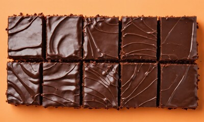 Naklejka premium Nine chocolate brownies arranged in a row on an orange background