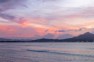 Lovely sunrise on the sea, mountains on background, Spain, Mallorca