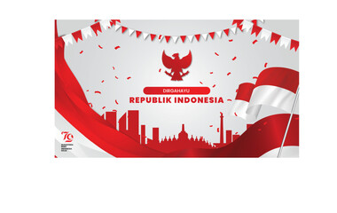 August 17th. Indonesian Independence Day Greeting Card. Waving Indonesian flag isolated on red background. Patriotic symbolic background vector