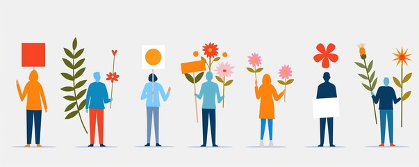 Peaceful protest, people with banners and flowers, flat design illustration