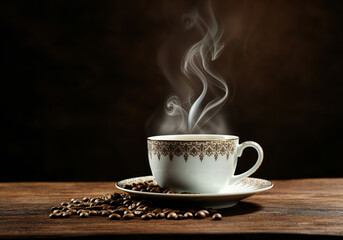 Fototapeta premium Cup of coffee with smoke and beans. international coffee day concept.