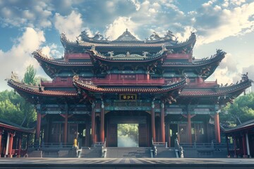 A traditional Chinese building stands tall against a clear sky backdrop, Create a fusion of traditional Chinese architecture with futuristic elements