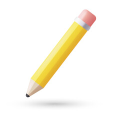Yellow 3D Realistic Pencil. Icon Isolated on White Background. Vector Illustration.