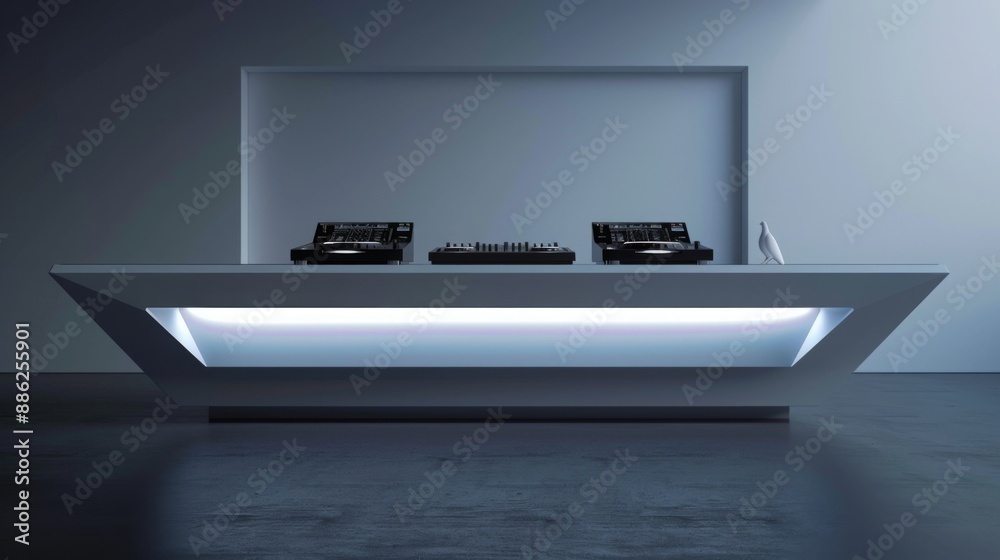 Poster a white, modern dj booth with a sleek, angular countertop and built-in lighting.