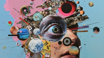 Surreal Collage Art with Eye Centerpiece and Cosmic Elements