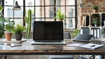 Laptop and Workspace with Plants and Window.