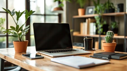 Modern Office Workspace with Laptop, Notebook, and Plants.