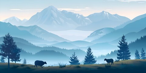 Majestic Mountain Landscape with Grazing Deer in Serene Pastoral Setting