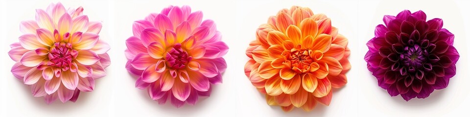 4 purple, orange and pink dahlia flowers in the same position next to each other on a white background