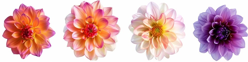 Fototapeta premium A set of four realistic digital art style dahlia flowers in various colors, each with a white background and a soft shadow effect.