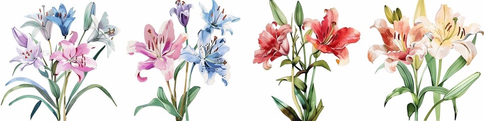 set of watercolor lilies in different colors and types, on a white background, in the clipart style, high definition, high resolution © IULIIA