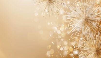 Background with fireworks in a beige color with golden elements and white sparkles on the right side of the composition