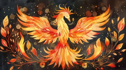 Obraz premium Classy phoenix surrounded by flames and rebirth, flat design, top view, mythical theme, watercolor, vivid