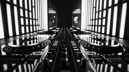 A close-up of a DJ mixer in a studio with a black and white striped background. The mixer is in the foreground, and the background is out of focus.