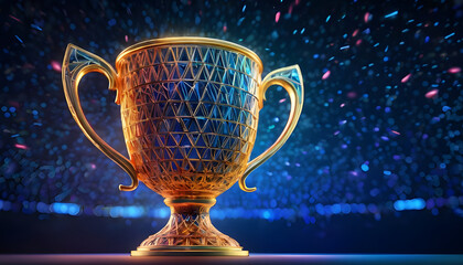 Golden trophy and streamers in sport competition Achievement success in education awards concept blurred background