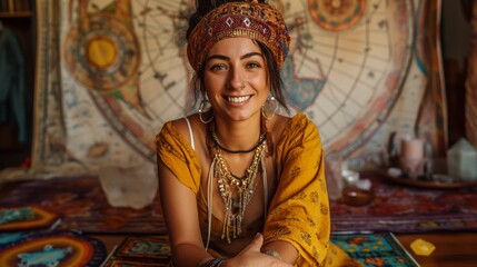 Mysterious female astrologer wearing ethnic clothes, smiling at the camera with star maps and crystals, deeply involved in astrology and celestial patterns in a captivating waist up image