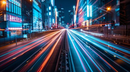 Fototapeta premium High-speed light trails on a busy street in a futuristic city, showcasing the vibrant nightlife and advanced urban technology.