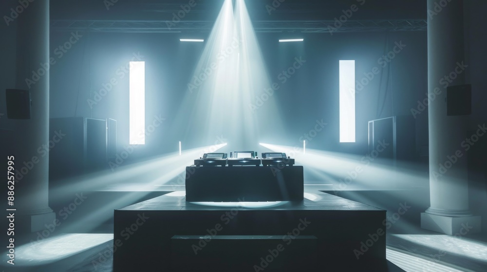 Leinwandbilder A white room with columns filled with light from windows at each end. A long table in the center with three objects atop