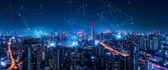 Fototapeta premium A wide view of a futuristic cityscape at night, with illuminated buildings and digital connections symbolizing a high-tech urban network.