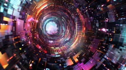 Fototapeta premium Colorful Digital Abstract Vortex in Space. Futuristic Tunnel with Glowing Particles and Geometric Patterns