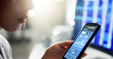 Phone screen, graph and hands of business woman in office with cryptocurrency, investment and statistics. Smartphone, trading and investing expert with app for stock market, growth and chart info