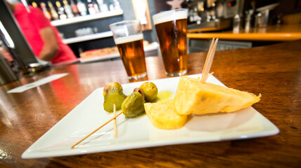 Typical Spanish Tapa and Beers at Restaurant Bar, Spain, Europe