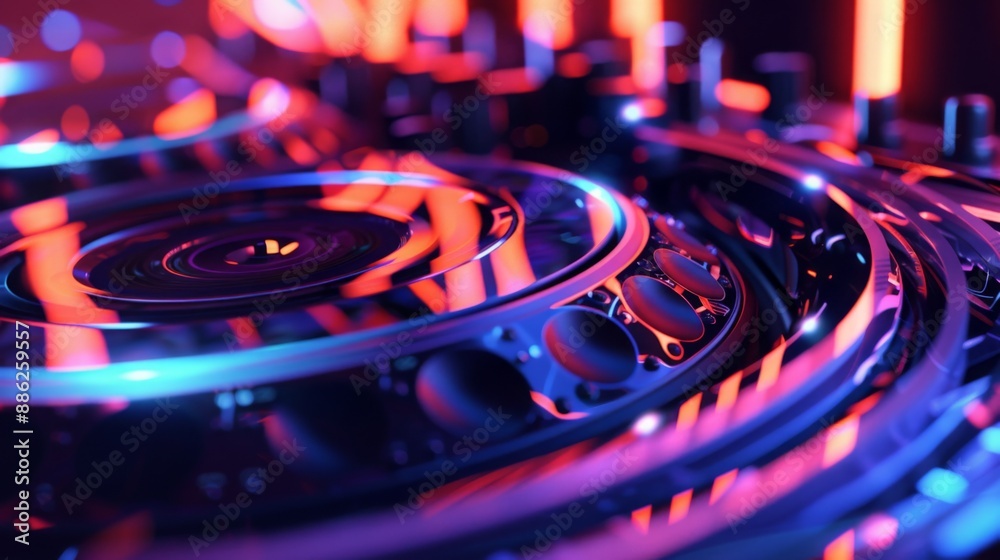 Poster A close-up shot of a circular metal machine with red and blue lights illuminating it. The machine appears to be made of multiple interconnected rings.