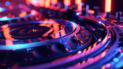A close-up shot of a circular metal machine with red and blue lights illuminating it. The machine appears to be made of multiple interconnected rings.