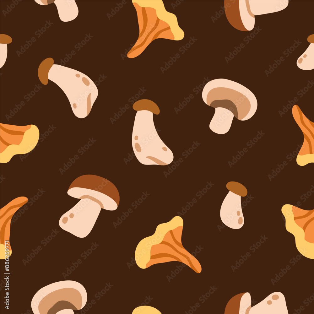 Poster mushroom, seamless pattern. endless design with forest fungus, chanterelle, boletus. repeating print
