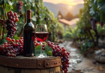 A bottle of red wine and a glass of wine are on a wooden barrel