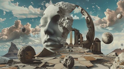 Obraz premium Surreal Collage with Fragmented Statue, Ancient Ruins, Floating Spheres, and Dreamlike Landscape