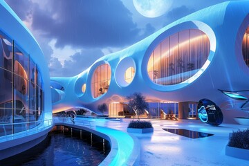 Futuristic Building With Pool, Create a futuristic school building equipped with advanced technology for virtual education