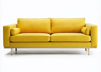 Fototapeta premium Bright yellow modern sofa with sleek lines and low profile legs isolated on a transparent background, perfect for interior design and furniture retail concepts.