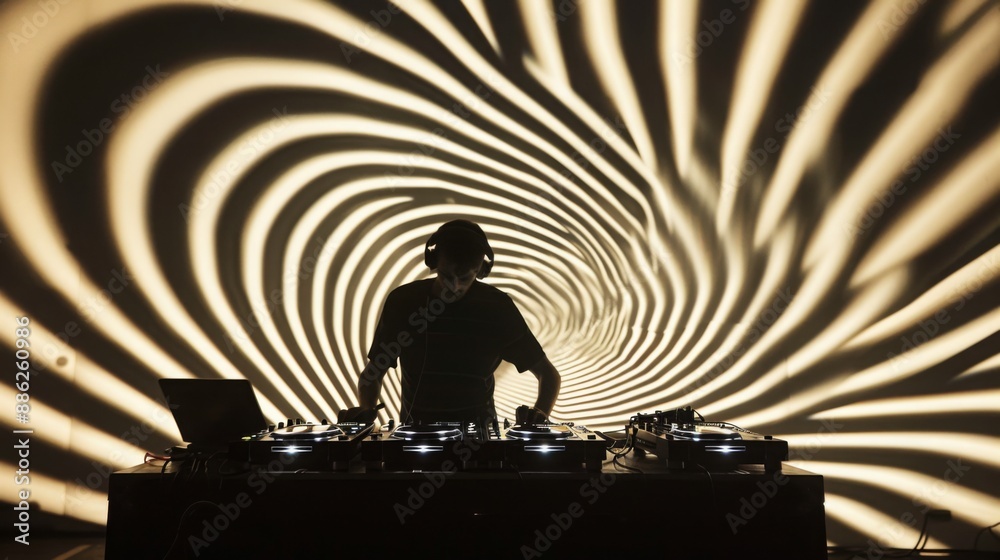 Aufkleber a dj stands at a mixing console, backlit by a projection of swirling light patterns. the dj wears he