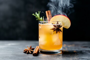 cocktail glass with a smoked apple cider drink, garnished with a cinnamon stick, star anise, apple slice, and rosemary, with smoke rising from the spices, creating a warm and aromatic vibe