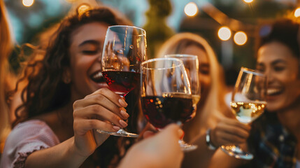 friends drinking wine and toasting at a open party outside.