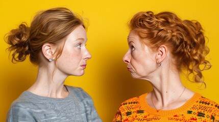 Minimalist image  mother   daughter bond, exchanging silly faces in playful connection