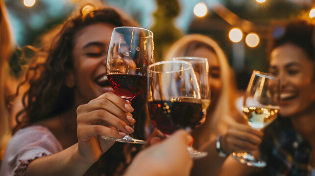 friends drinking wine and toasting at a open party outside. 