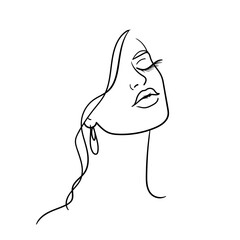 Profile of a beautiful linear woman with an earring. Stock vector illustration. Logo.Beautiful young woman in earring. Continuous line. 