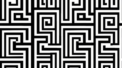 Seamless black and white geometric labyrinth pattern. Modern abstract maze design suitable for wallpaper, background, and textile.