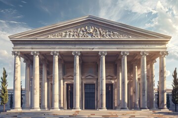 A grand neoclassical structure featuring a large white building with intricate columns and pillars, Create a grandiose neoclassical building with ornate columns and symmetrical design