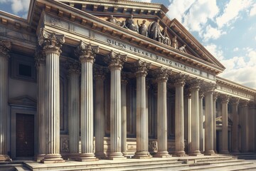 A grandiose neoclassical building featuring an array of columns and pillars, symbolizing strength and grandeur, Create a grandiose neoclassical building with ornate columns and symmetrical design