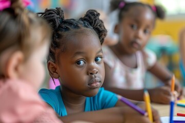 Obraz premium Little girl, student with determination and commitment to learning, education, and development of motor skills.