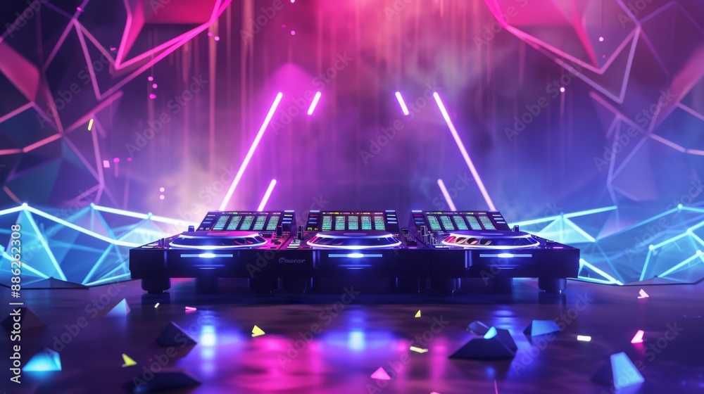 Poster A DJ mixer sits in a futuristic setting, illuminated by vibrant neon lights. Geometric shapes and patterns are reflected on the floor.