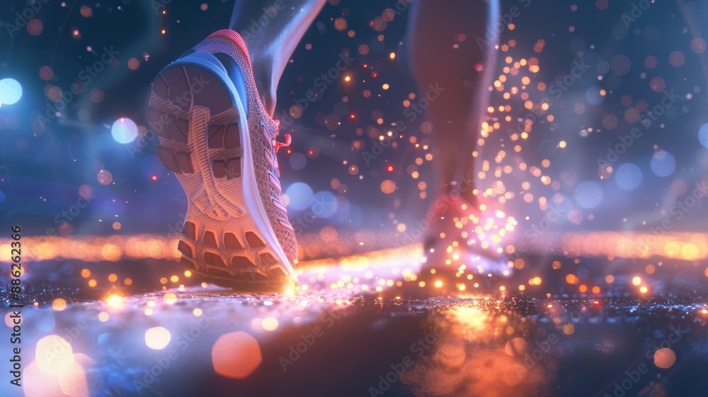 Poster A running man's foot. Abstract geometric background. Wireframe light connection structure. Modern 3D design concept. Isolated illustration. Low polygonal style. Abstract geometric background.