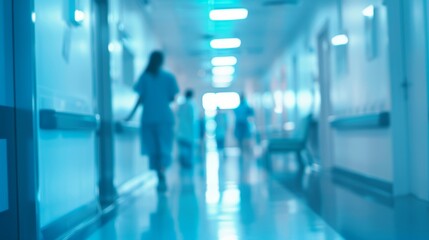 In the background of the image there is a blurred interior of a hospital or clinic corridor with diverse doctors in motion meeting the requirements for medical and healthcare services