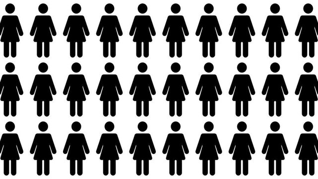 Large-sized Woman (Girl) icons appear with a bouncing animation, in a lively, eye-catching style. White, Black and Green Screen Background. Infographic Pictogram concept