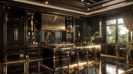 Fototapeta premium Indulge in a kitchen with rich, dark cabinetry and gold accents, exuding elegance and sophistication